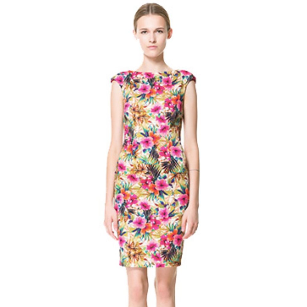 Zara Floral Tropical Print Stretch Pencil Dress S
